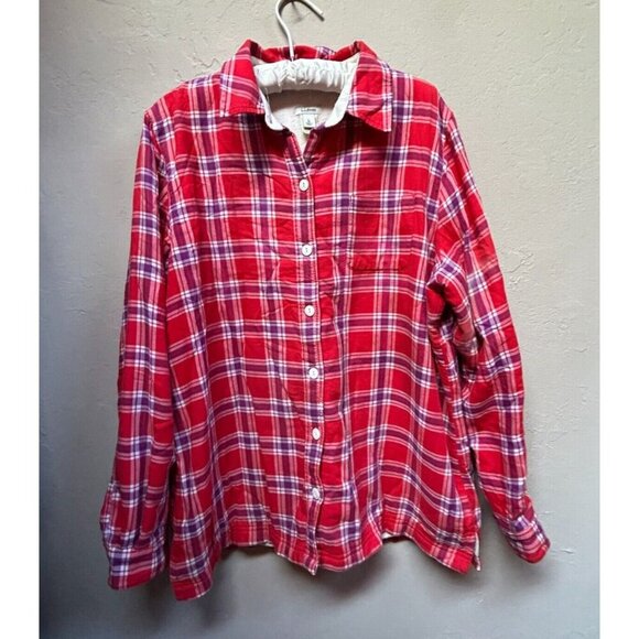 L.L. Bean Womens Button Fleece-Lined Flannel Shirt Jacket Large Red Plaid Casual - Picture 1 of 9